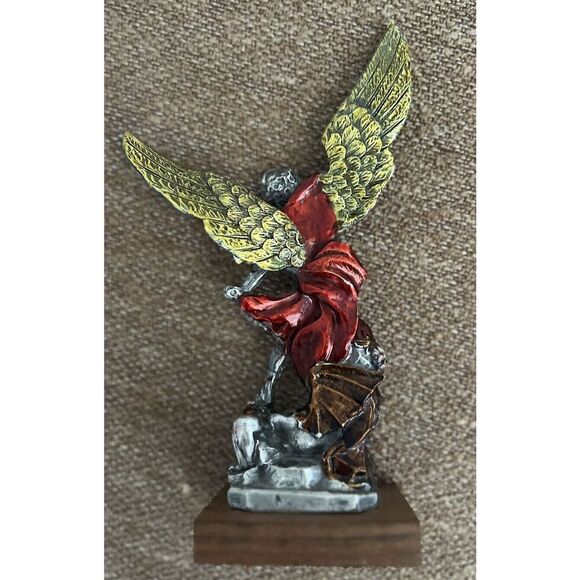The Christian World Pewter & Enamel St. Michael Archangel Statue on Wood Base - Picture 6 of 7
